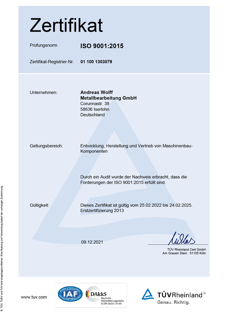 Zertifikat Prüfungsnorm ISO 9001:2015 der Andreas Wolff Metallbearbeitung GmbH